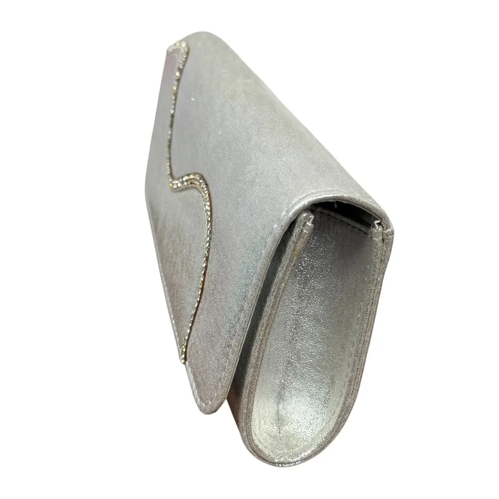 Silver Satin‎ Clutch Purse Womens Small Rhinestone Trim Chain Strap Evening Bag